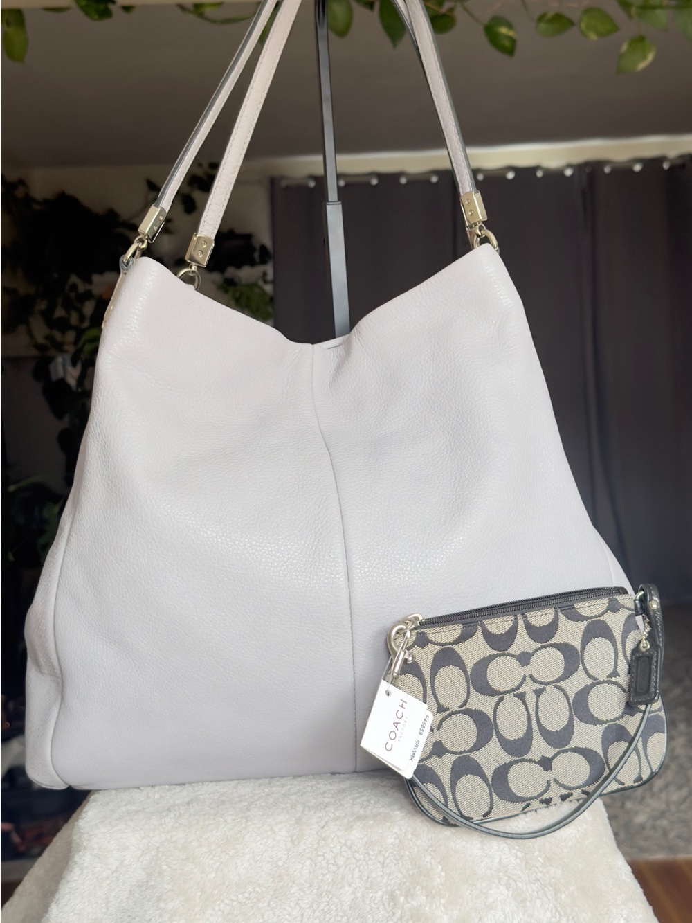 Coach Madison Small Phoebe Grey PebbledLeather Hobo Shoulder Bag & new wristlet